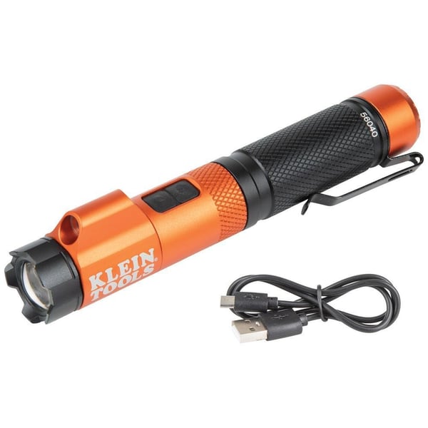 56040Klein® 56040 Rechargeable Focus Flashlight With Laser, LED Bulb, Aluminum Housing, 350 Lumens (High)/125 Lumens (Low) Lumens