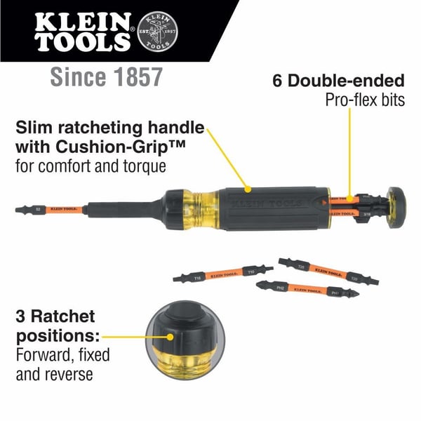32313HDKlein® 32313HD 13-in-1 Ratcheting Screwdriver, 7 Pieces, T10, T15, T20, T25 Range, Cushion Grip Handle, Steel