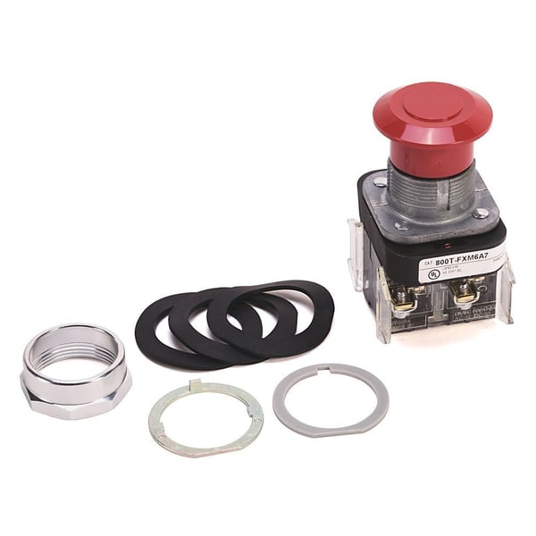 Allen-Bradley 800T-FXM6A 800T PB, 30mm Push-Pull Device, Mom-Maint-Maint Mushroom Head, No Twist Release, 3-Position Maintained In, Standard Mushroom Head, No Legend on Cap, Red, No Guards - on Terminals, 1-NO 1-NC Standard Contacts