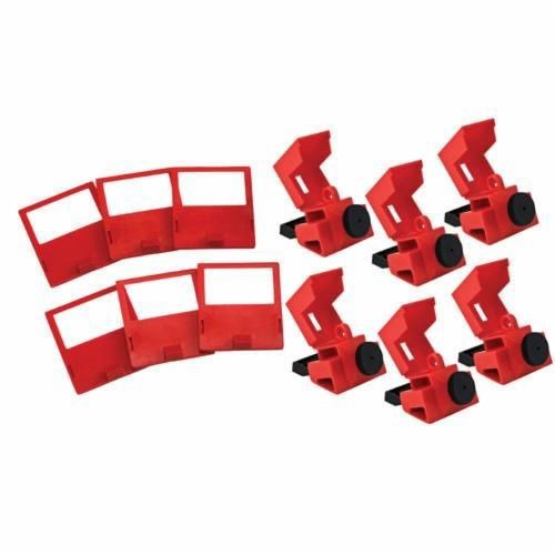 65966Brady® 65966 1-Pole Clamp-On Electrical Risk Circuit Breaker Switch Lockout Device, For Use With 480/600 VAC 1-Pole and Internal Trip Multi-Pole Circuit Breaker, 1 Padlocks, 0.31 in Dia Max Padlock Shackle, Nylon/LOTO-39 Polypropylene, Red
