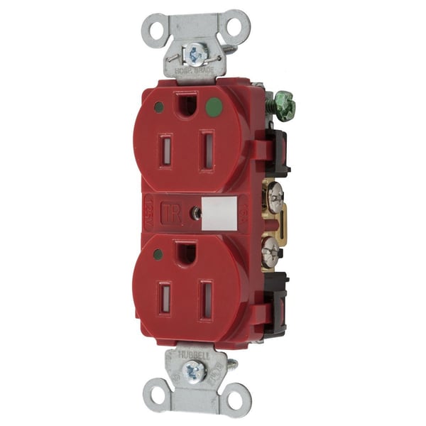8200REDLTRAWiring Device-Kellems Hubbell-PRO™ 8200REDLTRA 1-Phase Duplex Heavy Duty Tamper-Resistant Straight Blade Receptacle With Power Indicating LED, 125 VAC, 15 A, 2 Poles, 3 Wires, Red