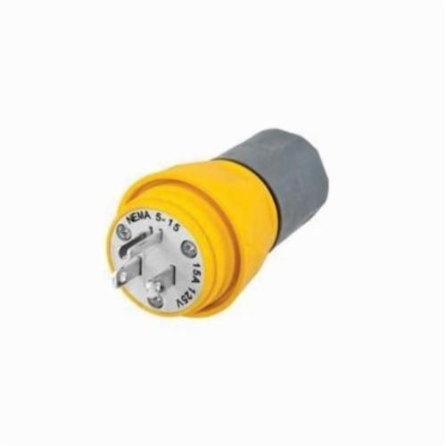 Wiring Device-Kellems Elastogrip® HBL14W47A Standard Watertight Straight Blade Plug, 125 VAC, 15 A, 2 Poles, 3 Wires, Yellow