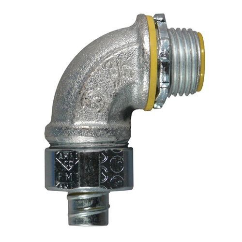 O-Z/Gedney 4QS-9125T Liquid Tight Conduit Connector With Insulated Throat, Locknut, Sealing Ring, 1-1/4 in Trade, 90 deg, Malleable Iron, Zinc Plated