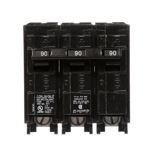 Siemens Q390 Low Voltage Miniature Residential Molded Case Circuit Breaker With Insta-Wire, 240 VAC, 90 A, 10 kA Interrupt, 3 Poles, Thermal/Magnetic Trip