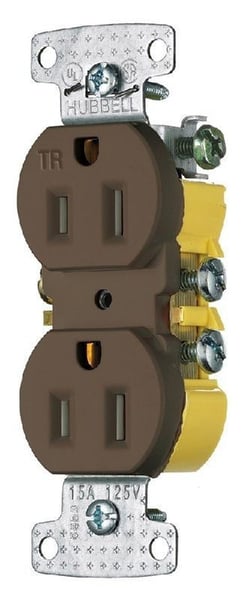Hubbell, Duplex Receptacle, Residential, Tamper Resistant, 15 Ampere, 125 Volts, NEMA 5-15R, Brown