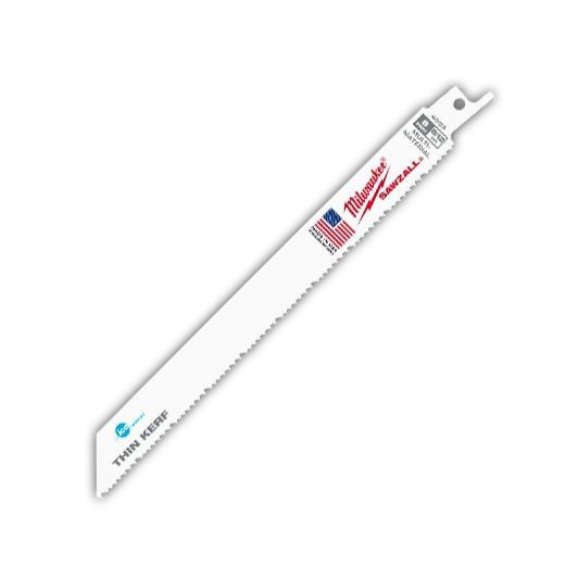 Milwaukee® Ice Hardened™ SAWZALL® 48-00-4093 General Purpose Tapered Back Thin Kerf Reciprocating Saw Blade, 8 in L x 3/4 in W, 8/12 TPI, Bi-Metal Body, Universal/Toothed Edge Tang