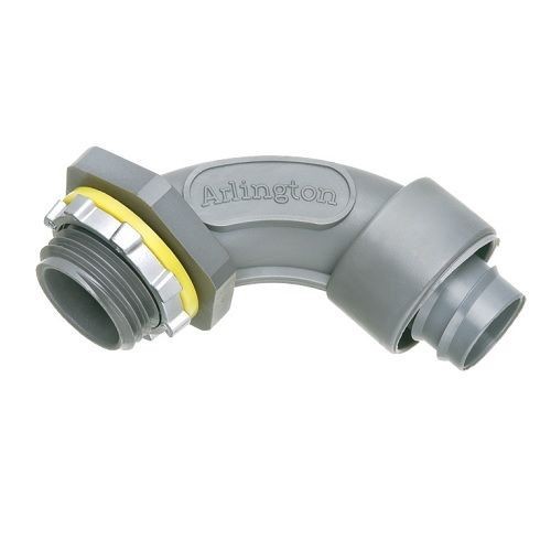Arlington NMSC9050 Screw-On Liquid Tight Conduit Connector, 1/2 in Trade, 90 deg, Plastic