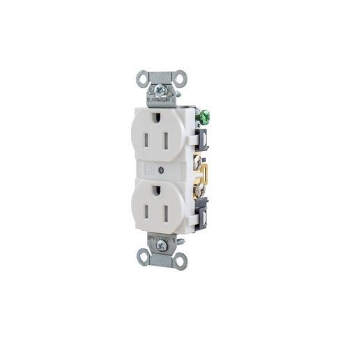 Wiring Device-Kellems BR15WHITR Duplex Self-Grounding Straight Blade Receptacle, 125 VAC, 15 A, 2 Poles, 3 Wires, White