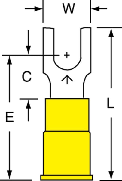 3M™ Highland™ 051128-59987 Insulated Block Fork Terminal, 12 - 10 AWG Conductor, 1.03 in L, Butted Seam Barrel, Copper