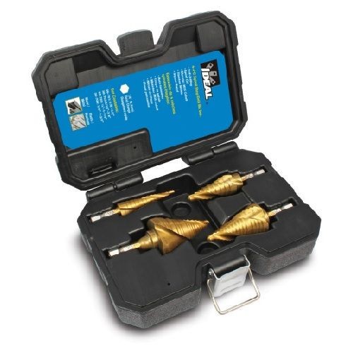 IDEAL® 36-700 Spiral Step Drill Bit Kit, 1/8 in, 3/16 in, 1/4 in Min Drill Bit, 1/2 in, 7/8 in, 1-1/8 in, 1-3/8 in Max Drill Bit, 4 Pieces, M35 HSS/Cobalt, TiN Coated