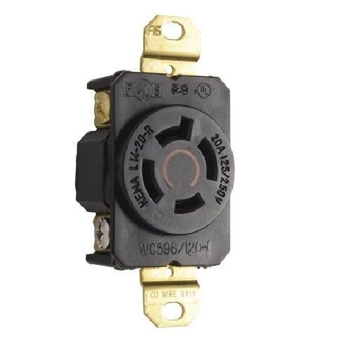 Pass & Seymour® Turnlok® L1420-R Single Locking Receptacle, 125/250 VAC, 20 A, 2 Poles, 3 Wires, Black/White