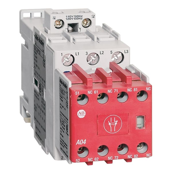 Allen-Bradley 100S-C16D32C Safety Contactor, 16 A, 110V 50 Hz / 120V 60 Hz., 3 Normally Open Power poles, 3 NOC & 2 NCC, Line Side Coil Termination, Standard Contact