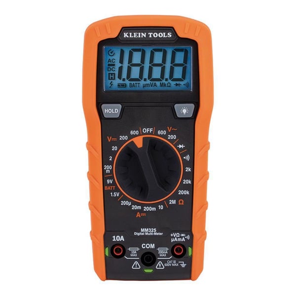 Klein® MM325 Manual-Ranging Multimeter, 600 VAC/VDC, 10 A, 2 mOhm