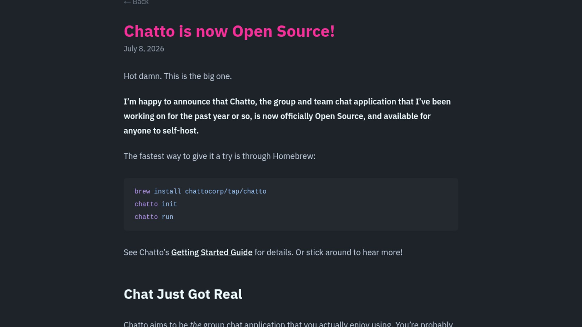 Chatto, a self-hostable and extensible team group chat application, has officially transitioned to an open-source model under the GNU Affero General Public License v3.0 (AGPL-3.0).