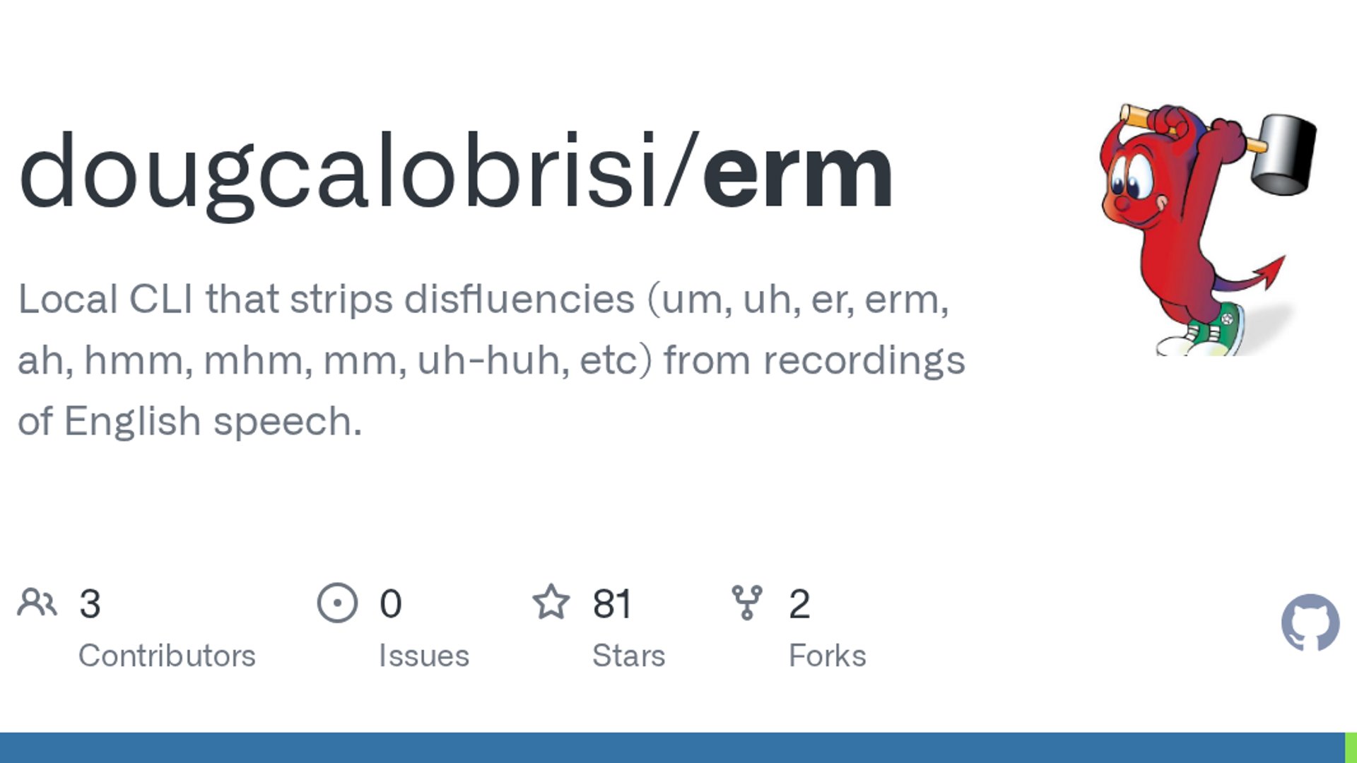 erm is a command-line tool that transcribes English speech with Whisper and automatically removes filler words using FFmpeg crossfades.