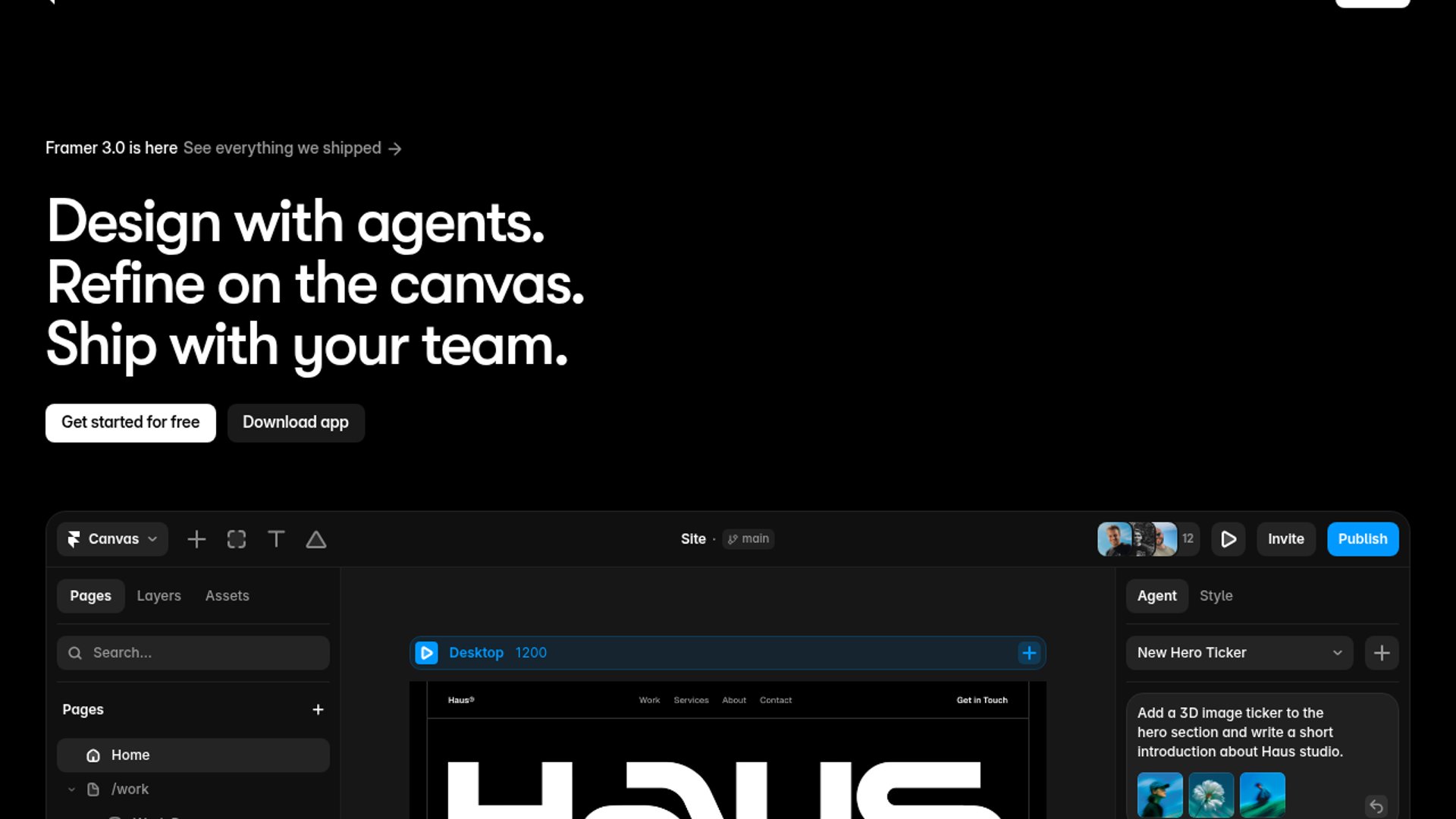 Framer 3.0 adds canvas AI agents, design branching