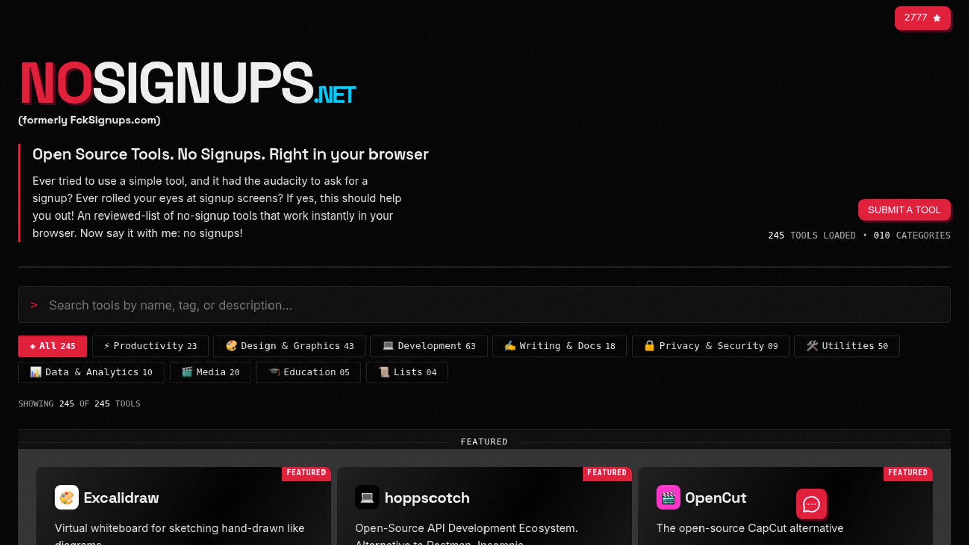 NoSignups curates 245 no-signup tools