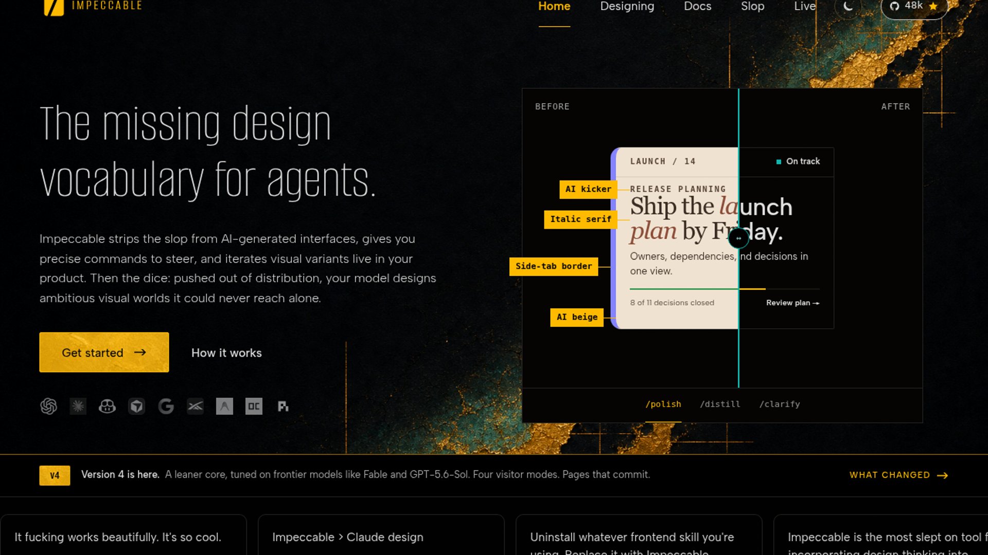 Impeccable provides AI coding agents with modular commands and design rules to eliminate generic UI patterns in web development.
