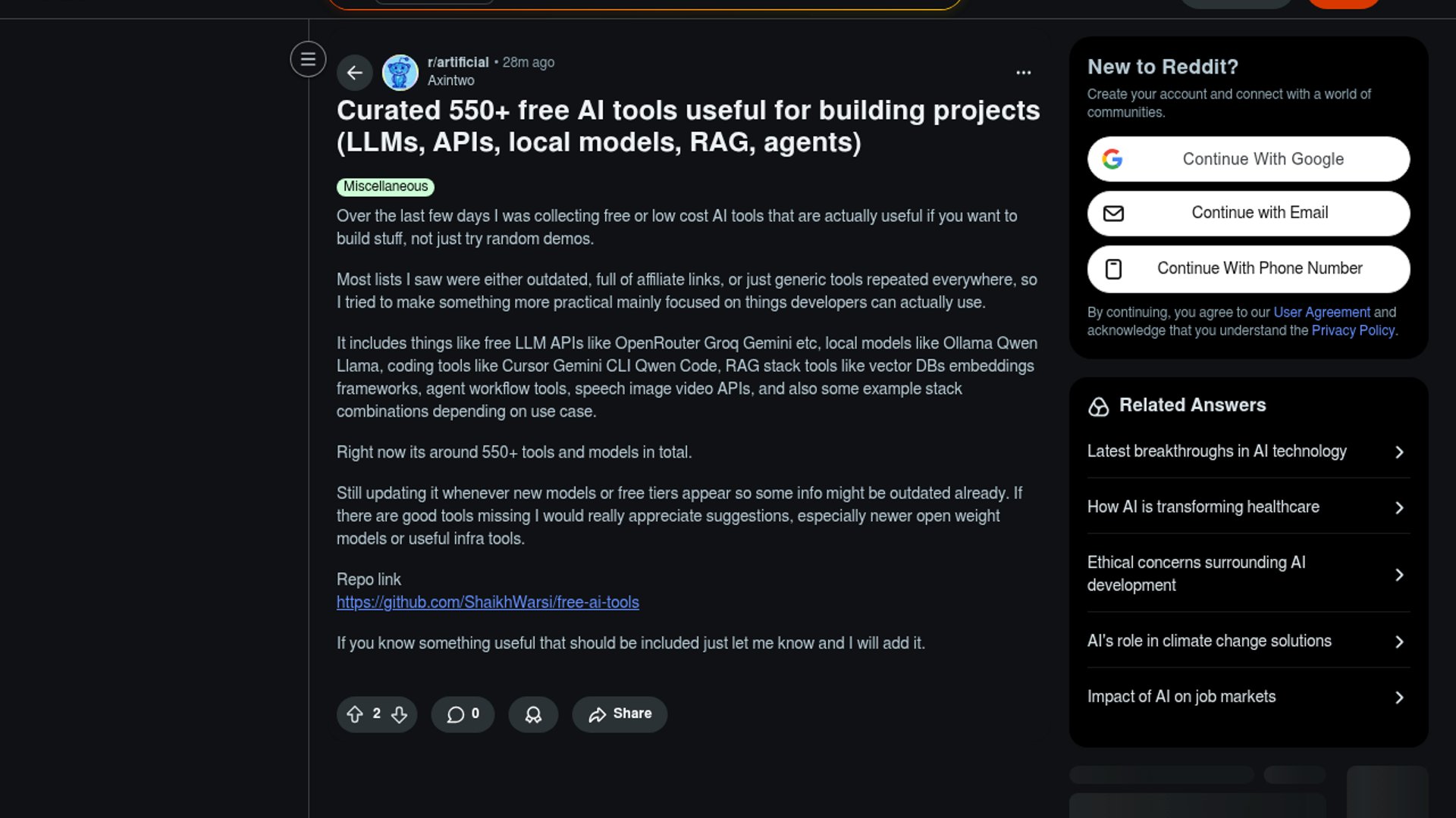 free-ai-tools drops 550+ free AI dev tools
