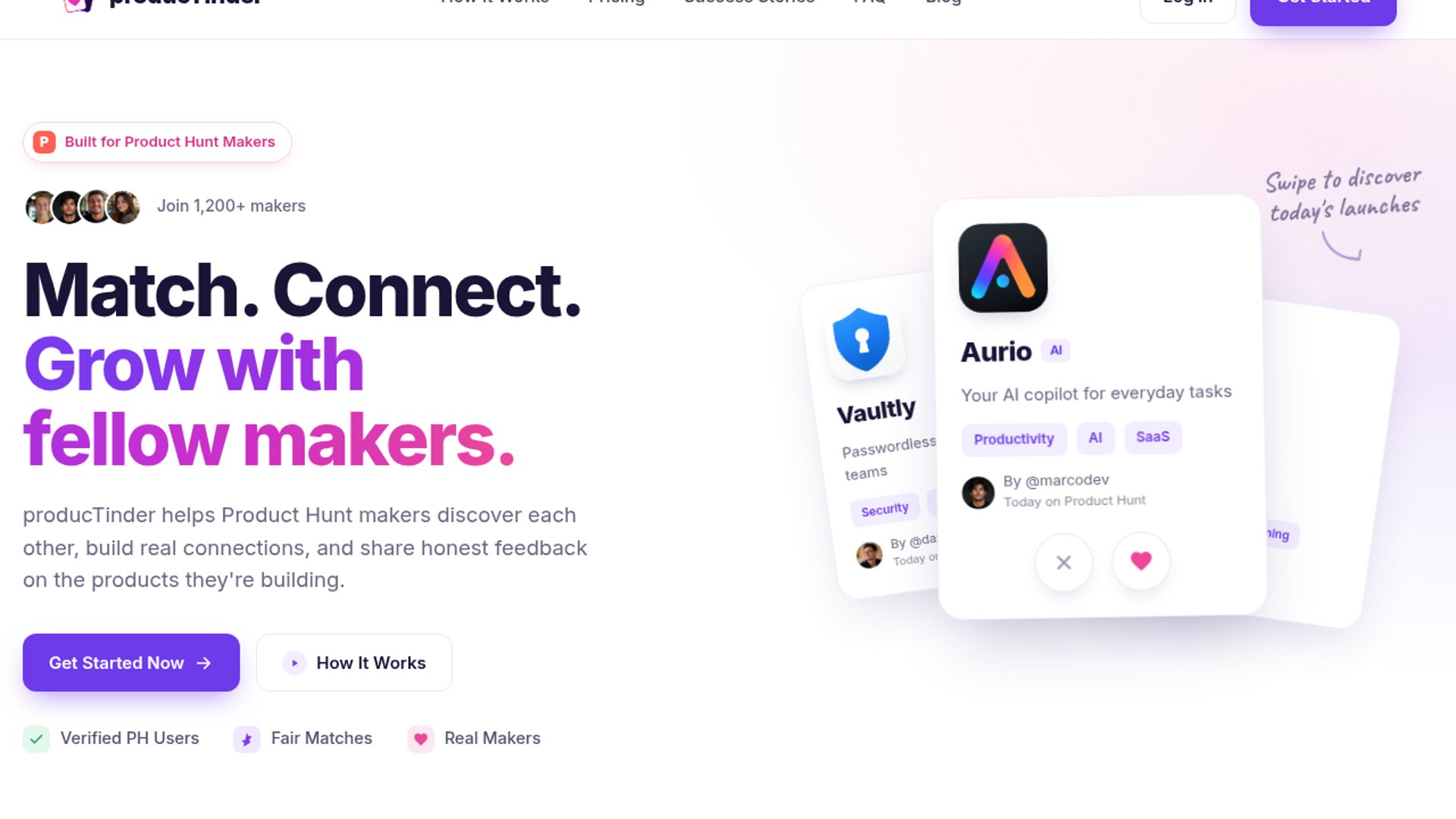 producTinder brings Tinder-style swipe matchmaking to Product Hunt makers for mutual launch support and AI-verified engagement.