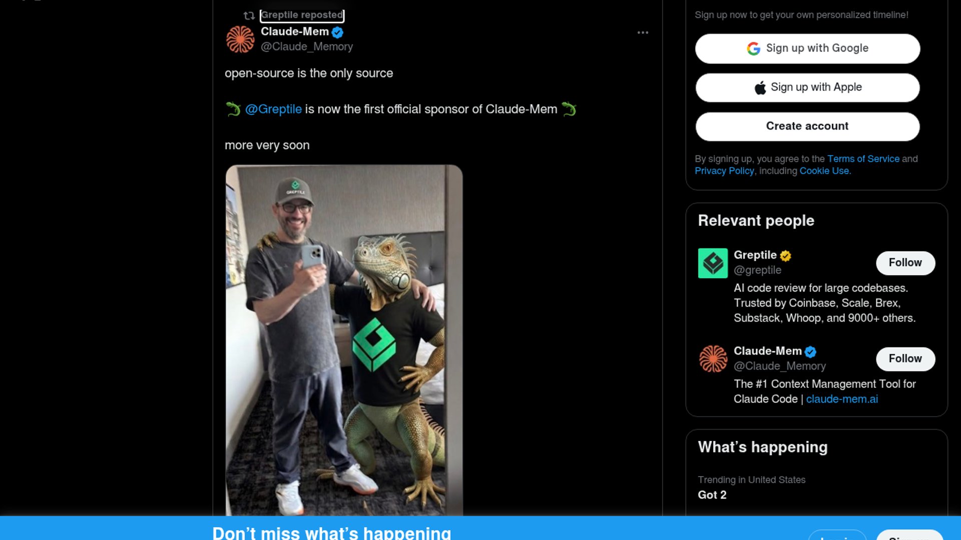 Greptile backs Claude-Mem as sponsor