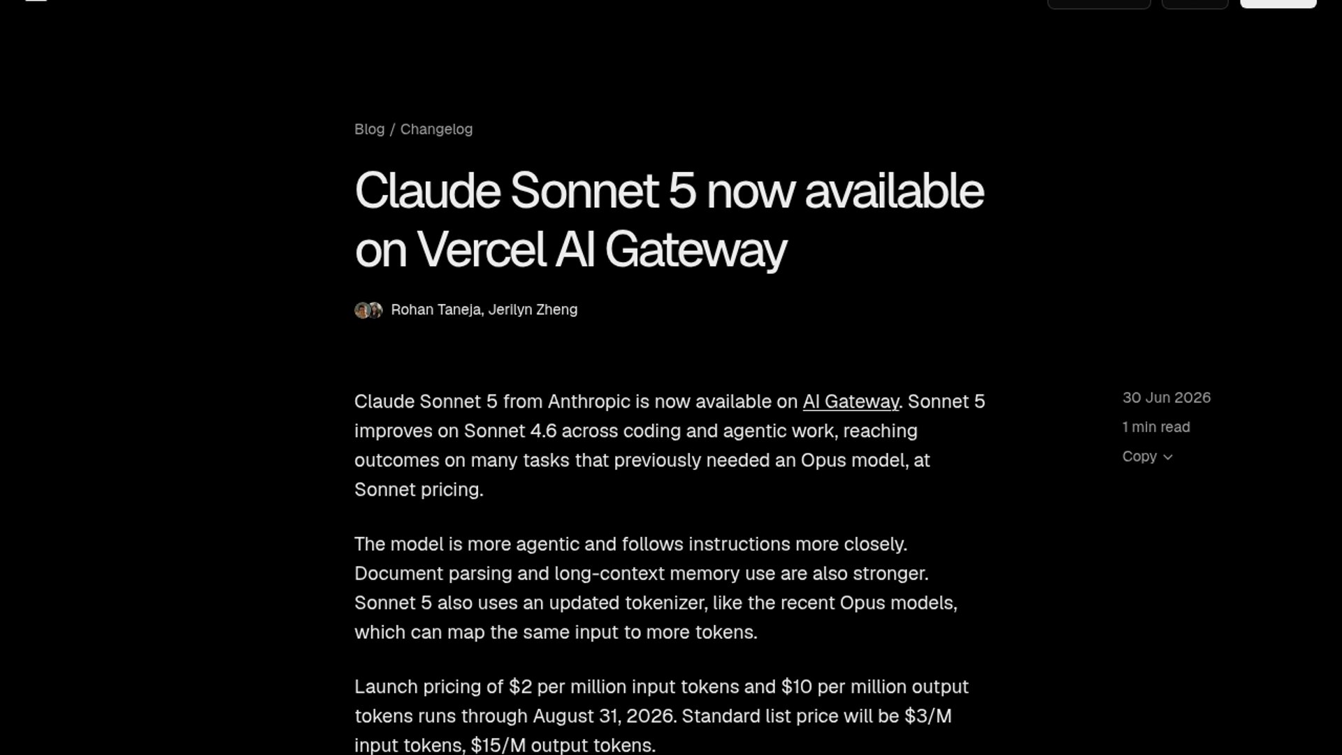 Claude Sonnet 5 is now available on Vercel AI Gateway at a limited promotional price.