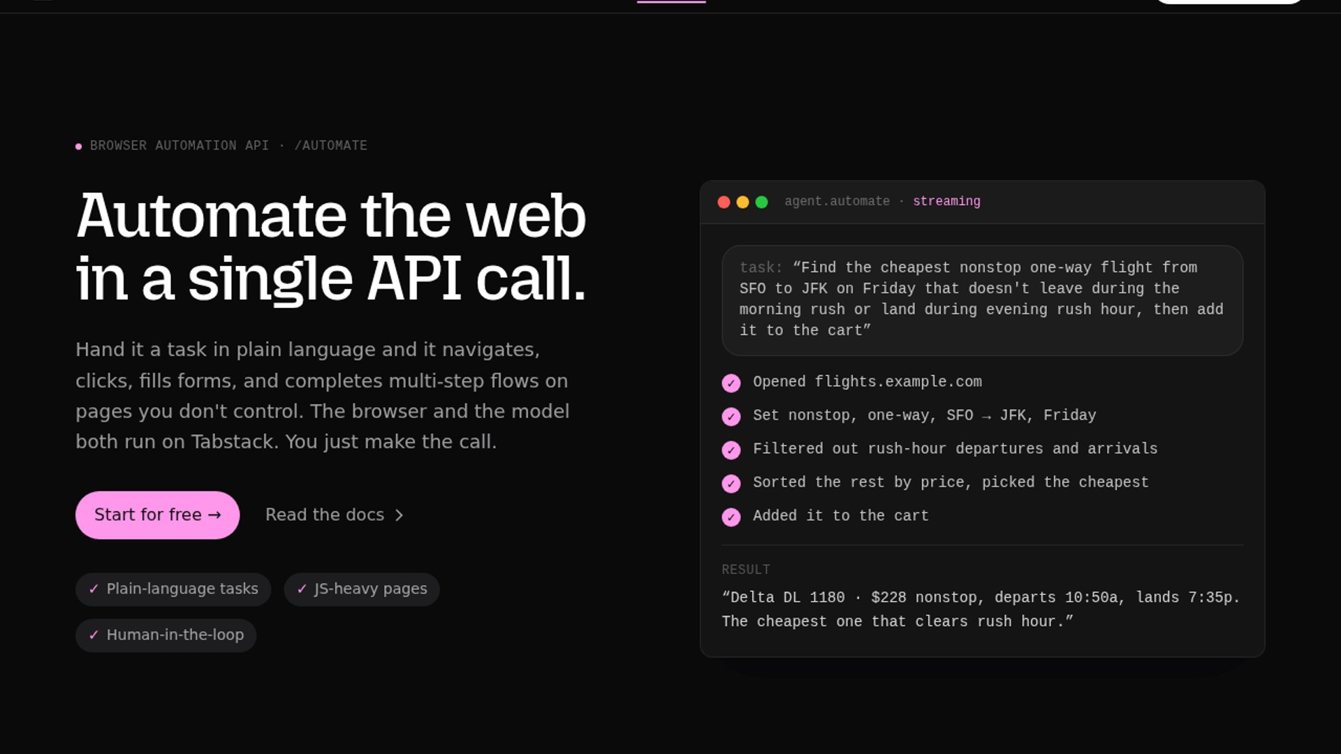 Tabstack API drives live browsers with plain English