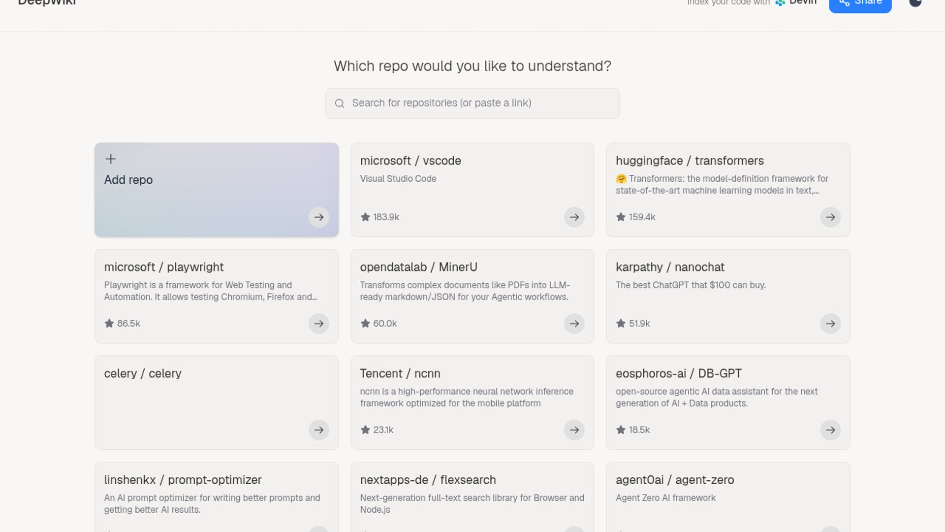 DeepWiki indexes 500k repositories for code navigation