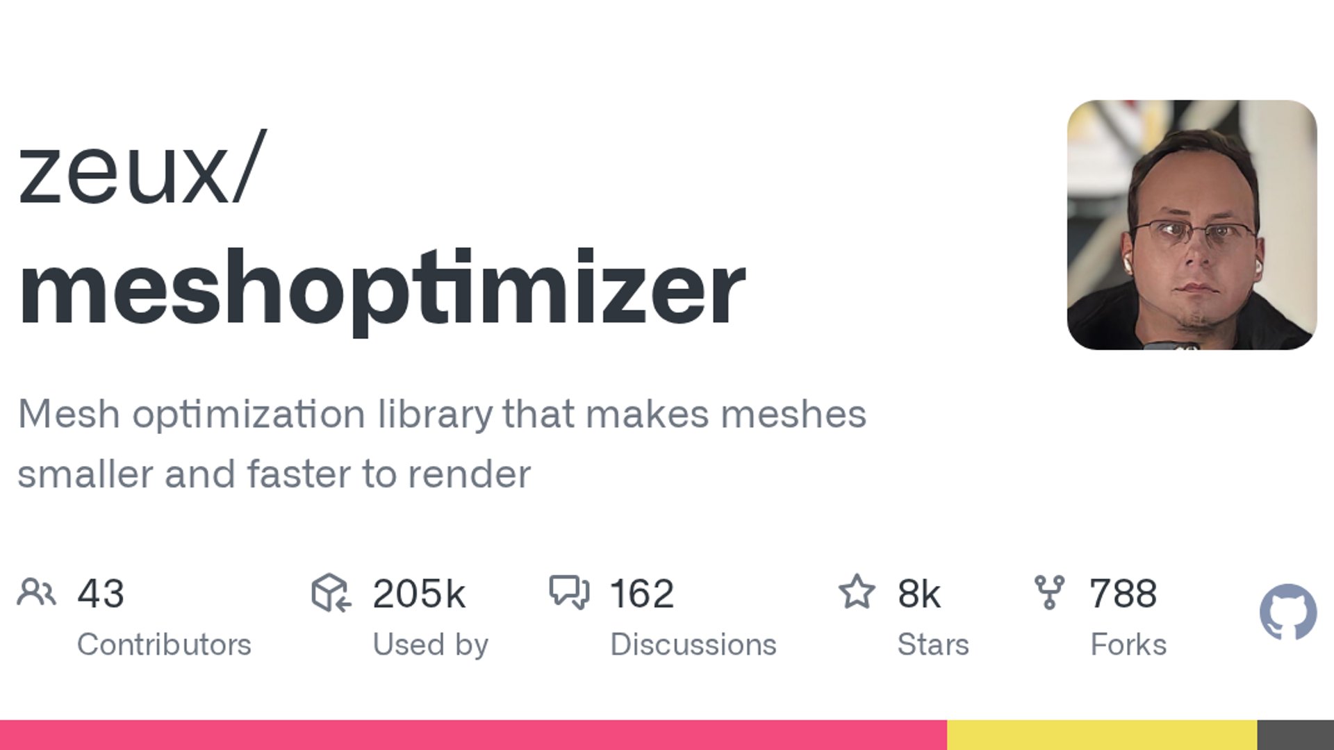 meshoptimizer is an open-source C/C++ library that optimizes 3D triangle meshes to reduce file sizes and accelerate GPU rendering performance.