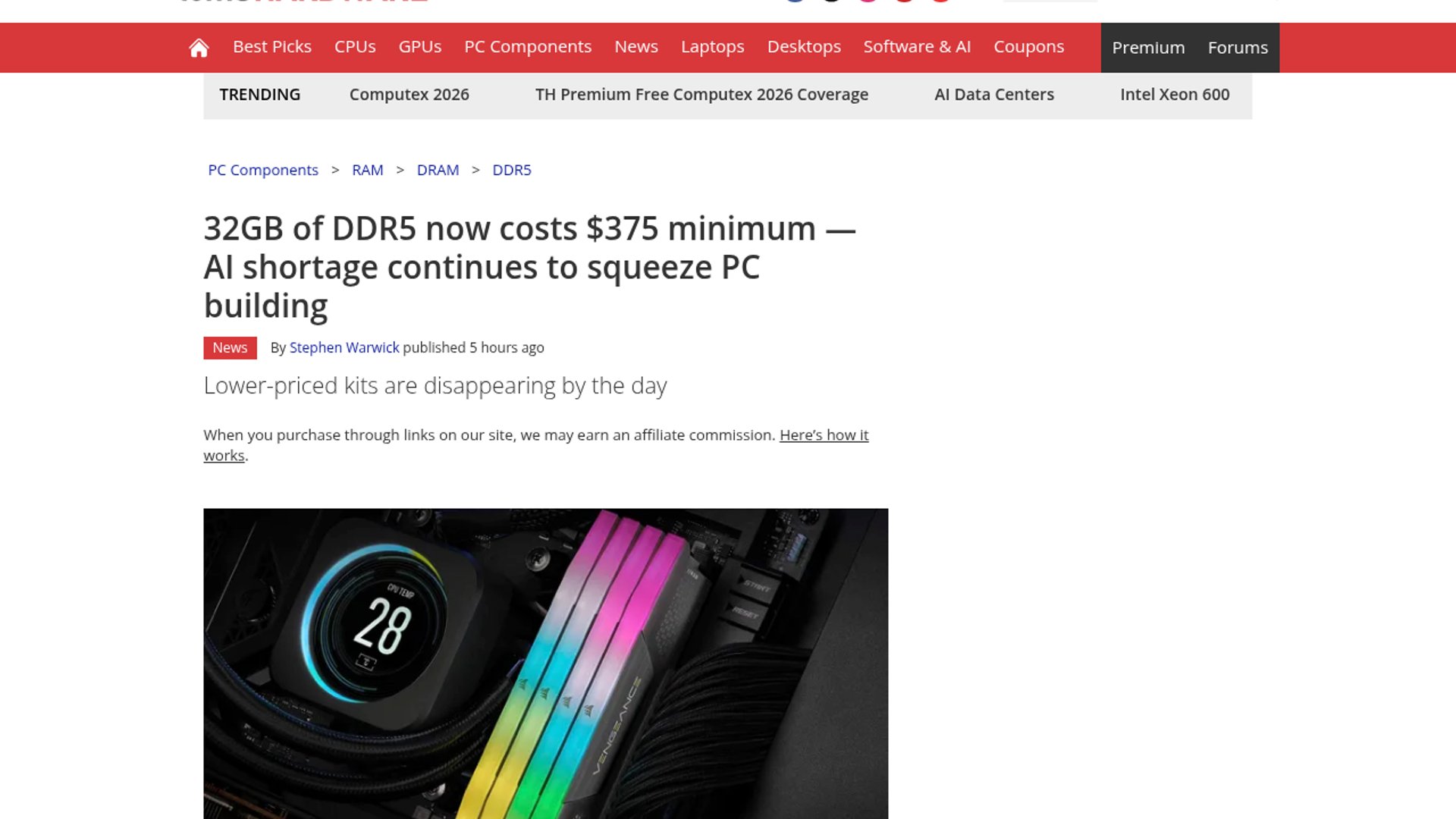 32GB DDR5 RAM Prices Hit $375