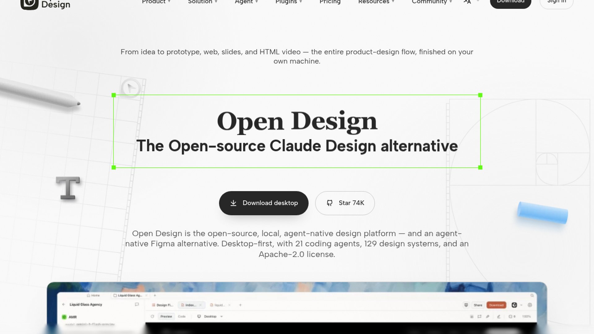 OpenDesign is a local-first, open-source AI design workspace that empowers coding agents with pre-configured UI layouts and design constraints.