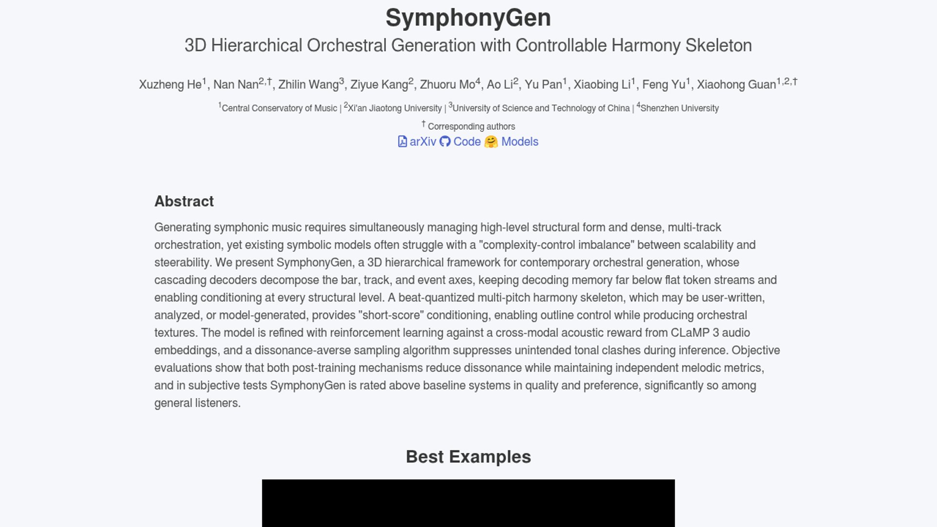 SymphonyGen introduces a 3D hierarchical AI framework for generating full orchestral compositions from controllable harmony skeletons.