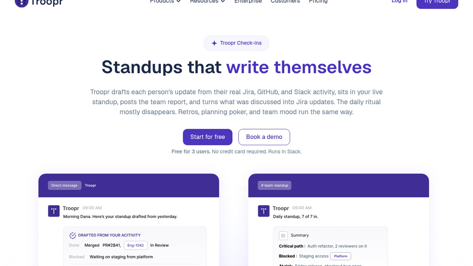 Troopr AI Scrum Master automates engineering standups by pulling actual activity from Jira, GitHub, and Slack to generate accurate updates and identify team bottlenecks.