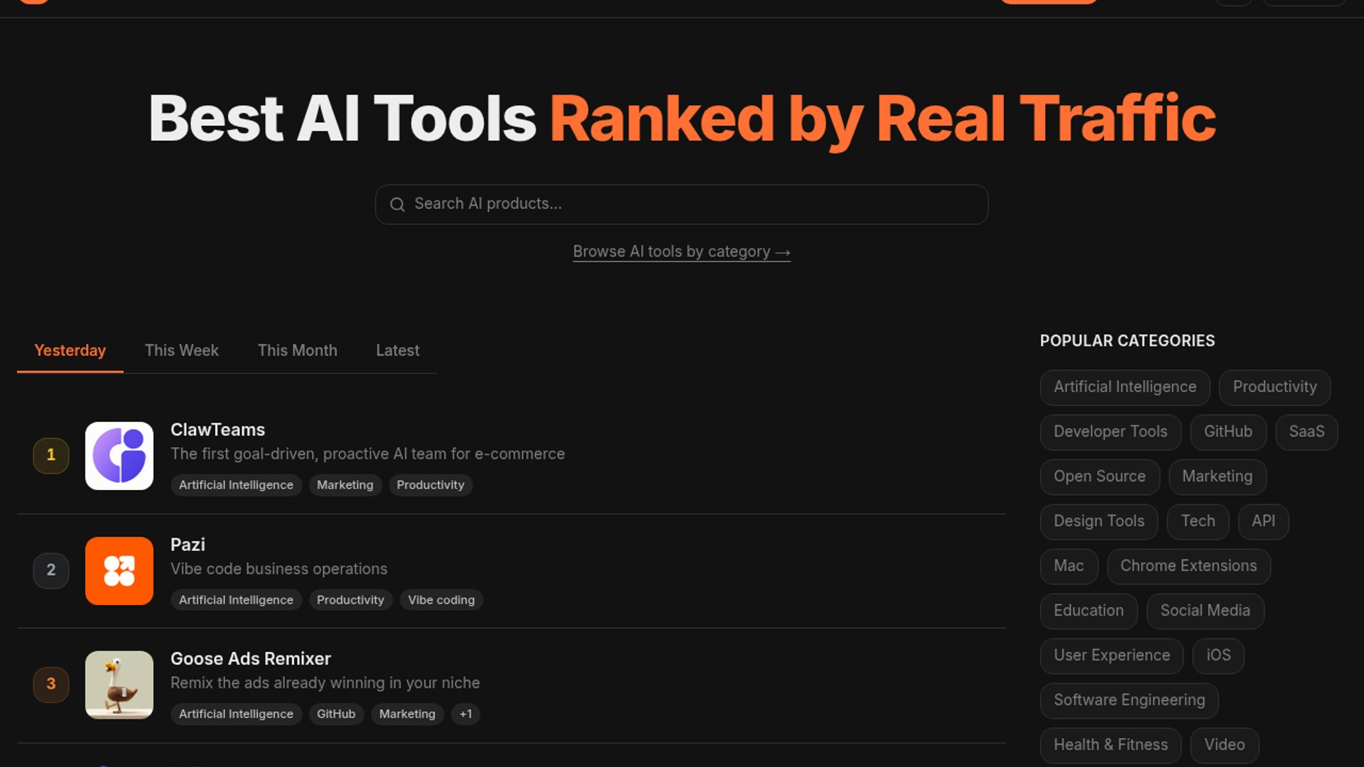 HuntAI ranks top AI tools by web traffic