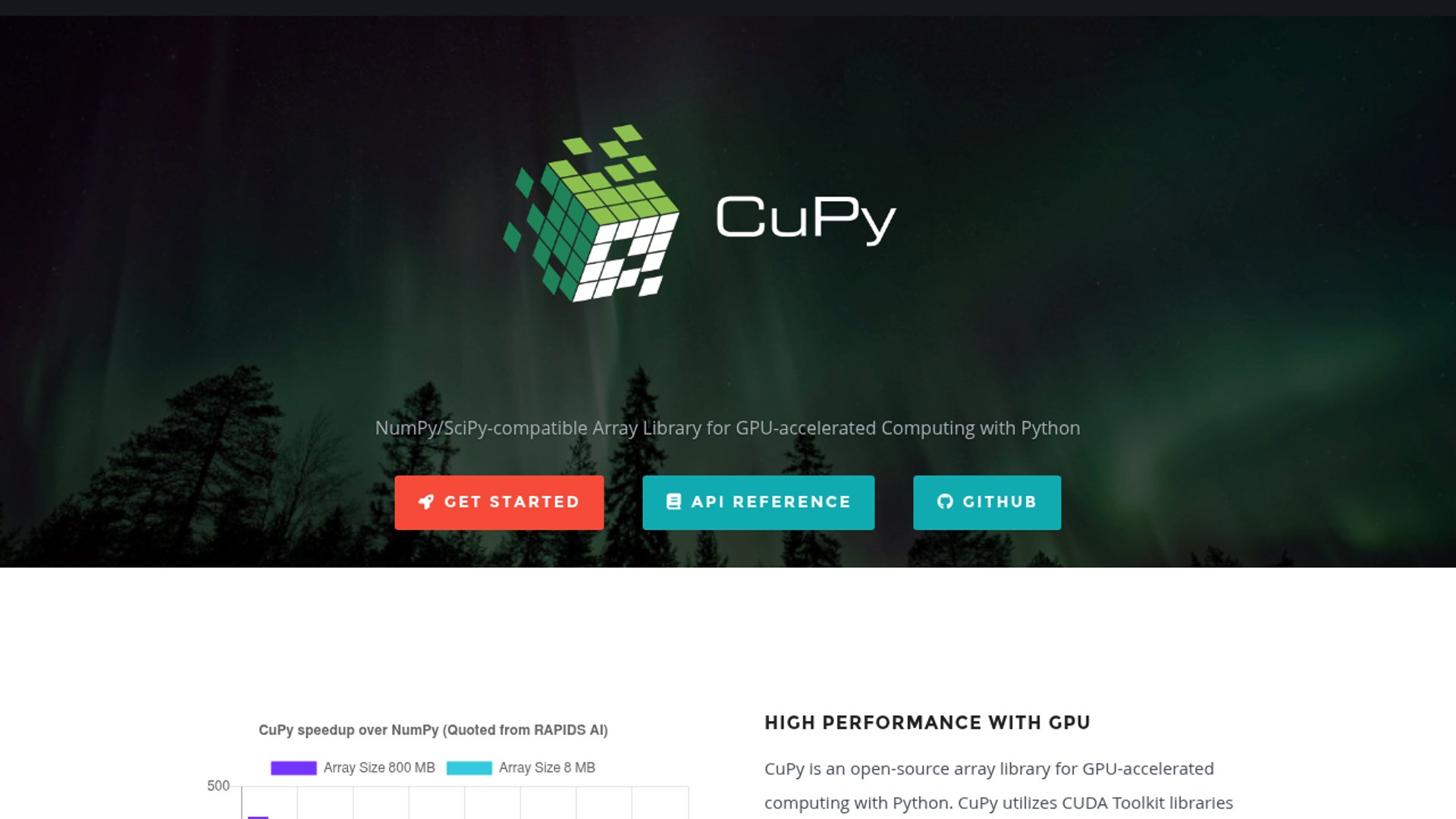 CuPy provides GPU-accelerated drop-in replacement for NumPy and SciPy