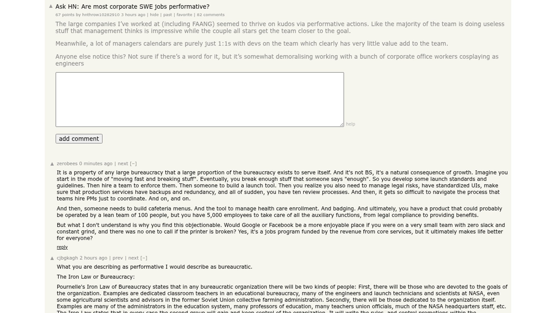 A Hacker News thread debates whether corporate software engineering roles at large companies are primarily performative.