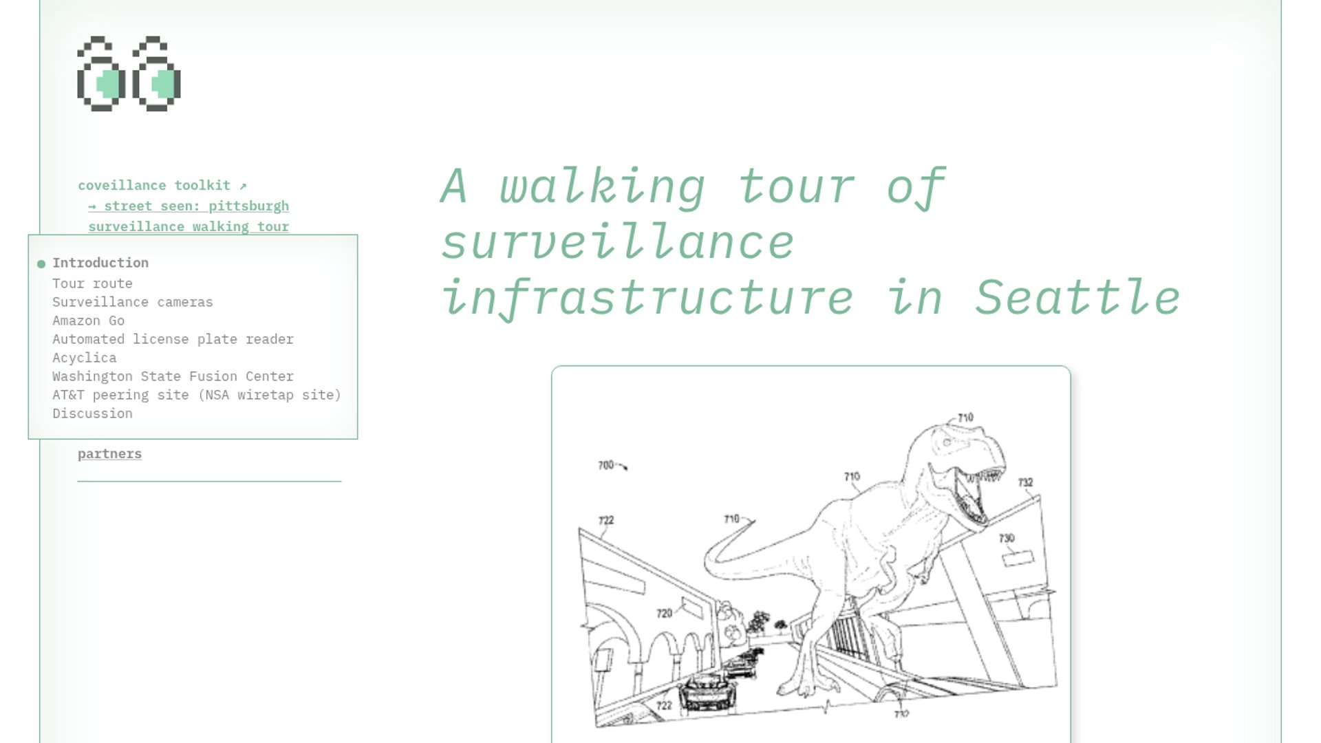 A public walking tour of downtown Seattle details the hidden networks of state, federal, and corporate surveillance infrastructure—including automated license plate readers, Acyclica tracking sensors, and a major AT&T peering site used for NSA wiretapping.