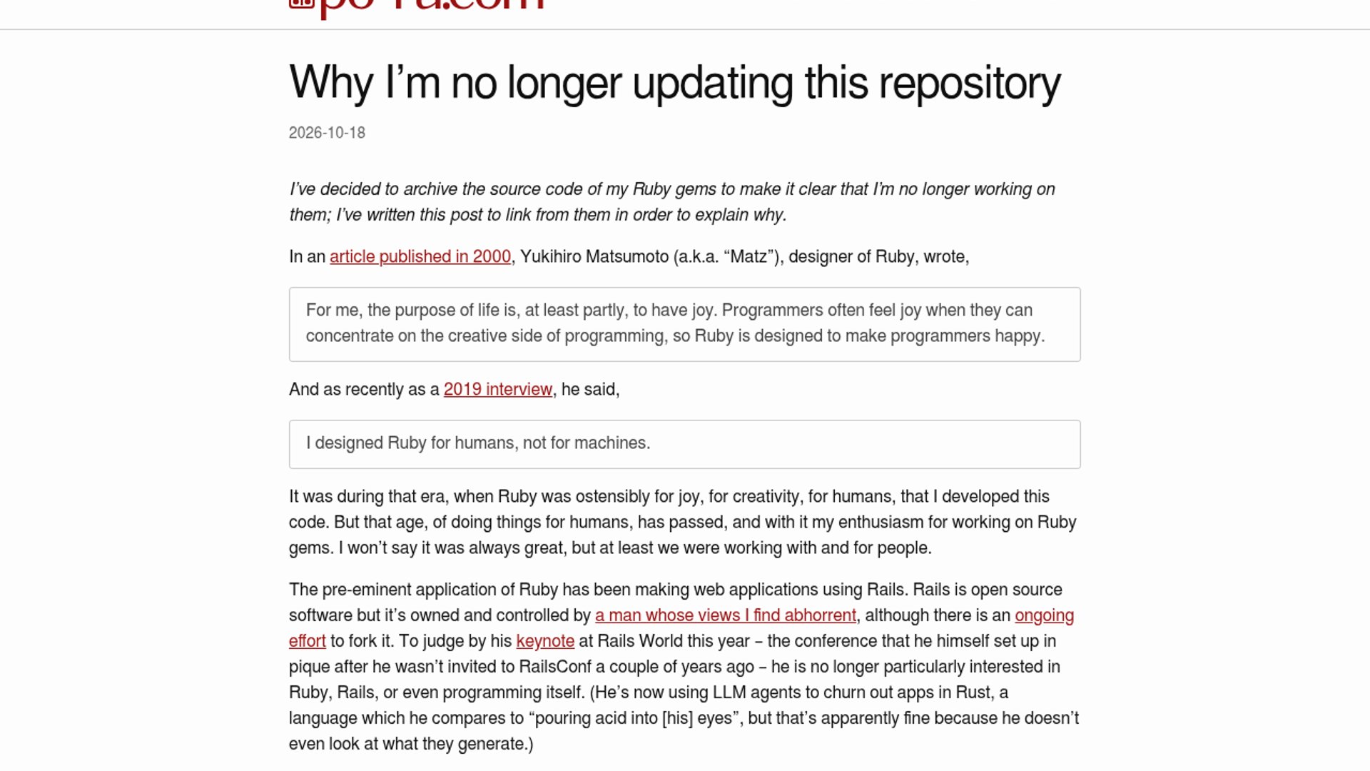 Ruby Maintainer Archives Gems Over AI Shift