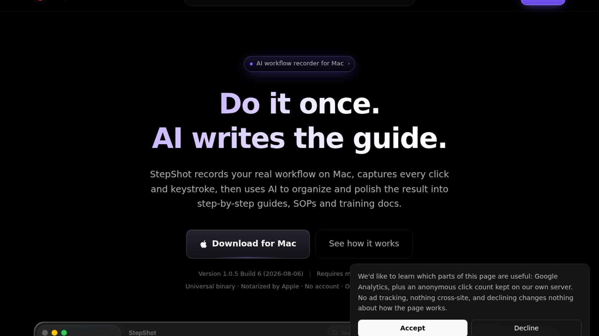 StepShot leverages local AI on macOS to automatically transform real-time desktop workflows into customizable step-by-step guides.