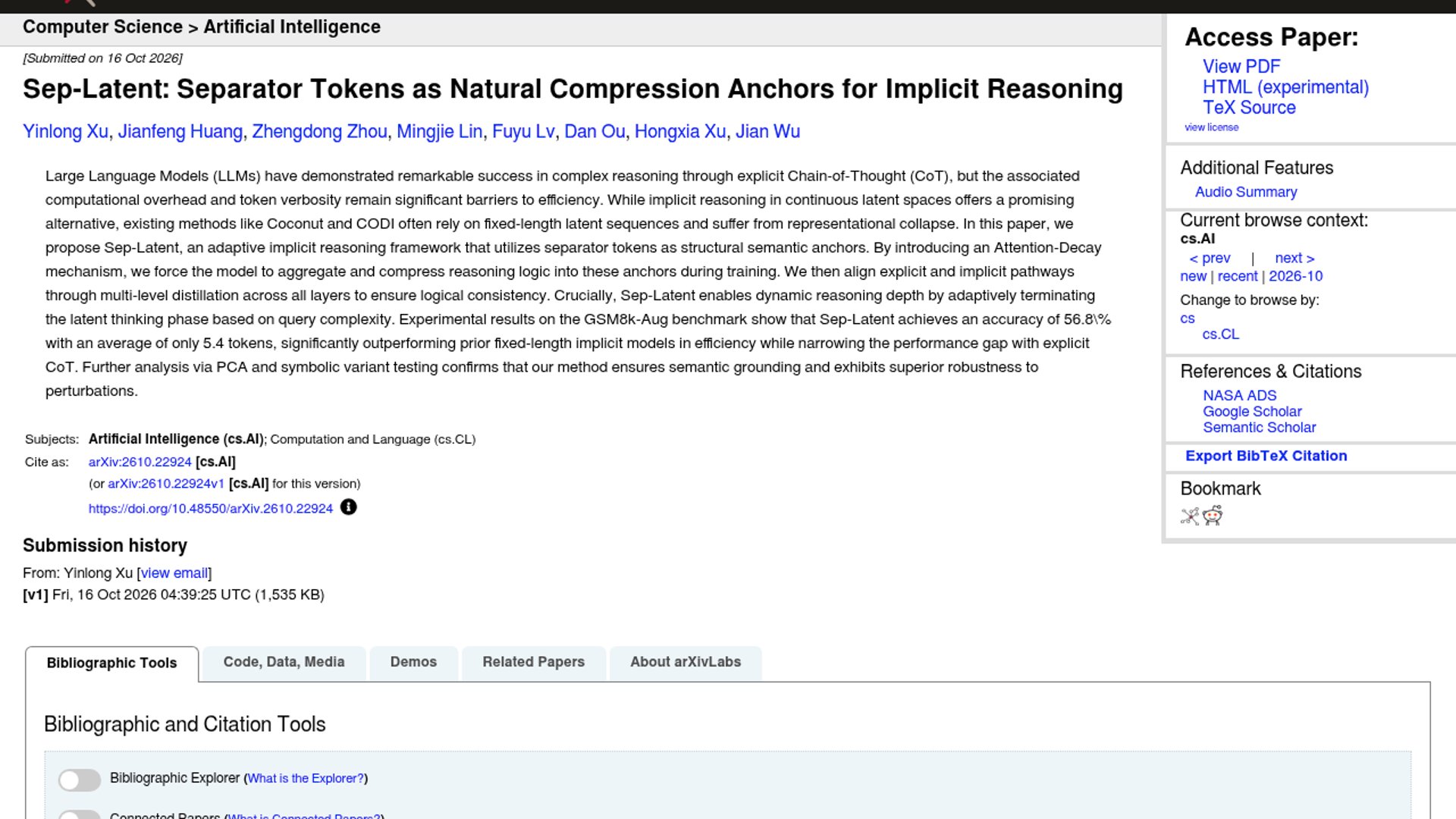 Sep-Latent compresses reasoning to 5.4 tokens