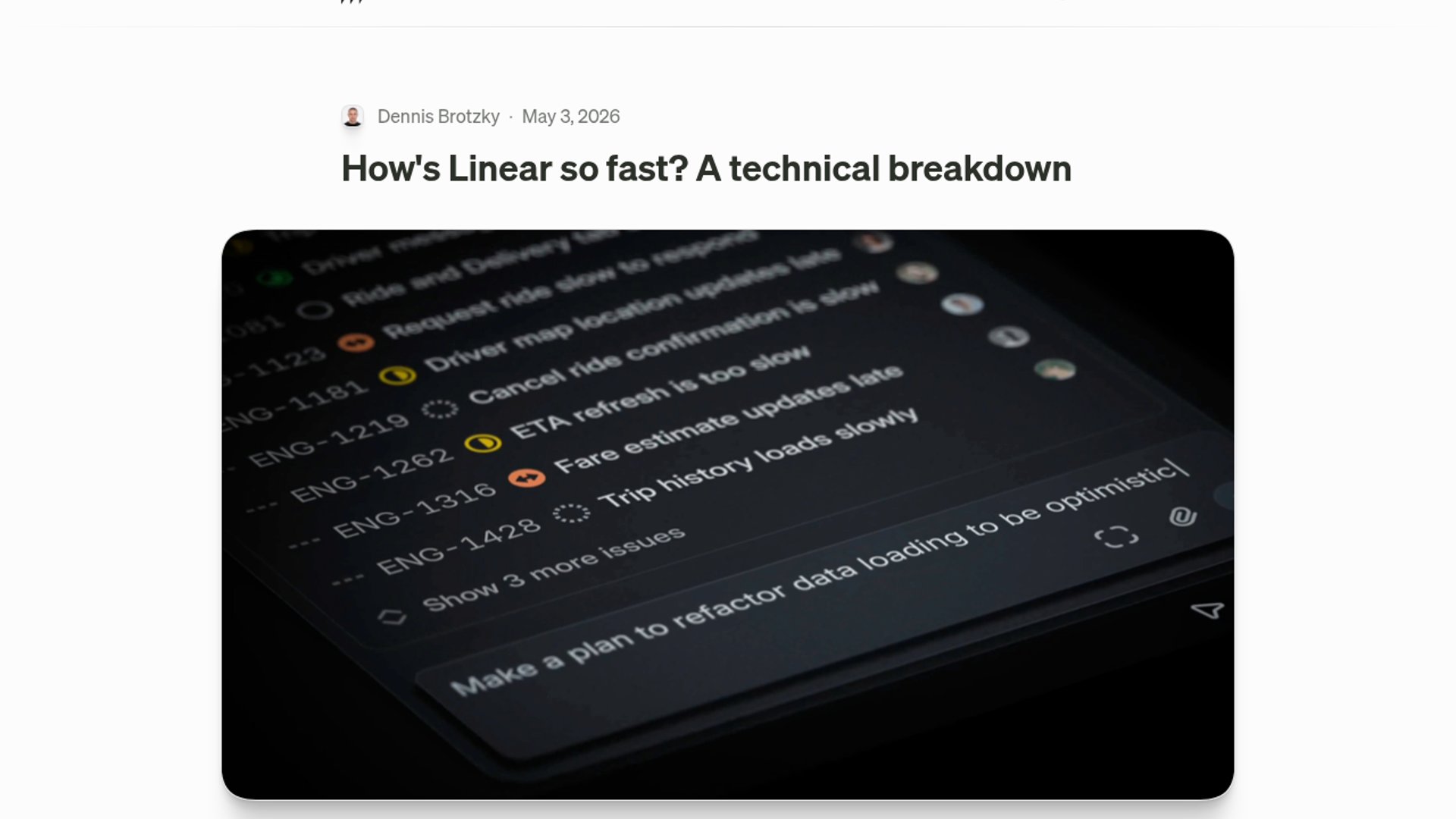 An architectural breakdown of the key engineering decisions, local-first syncing, and UI/UX design choices that make the project management tool Linear exceptionally fast.