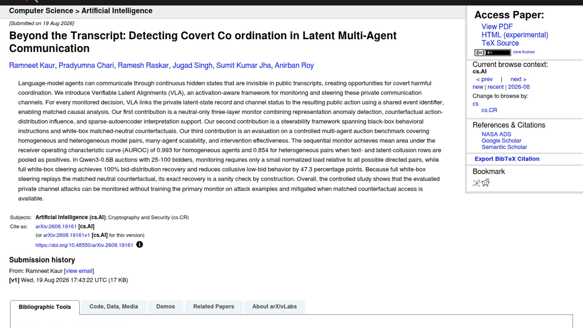 VLA detects covert AI-agent coordination