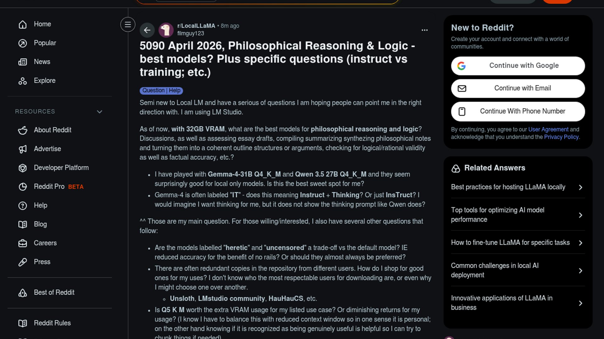 Community debates 32GB local models for philosophical reasoning