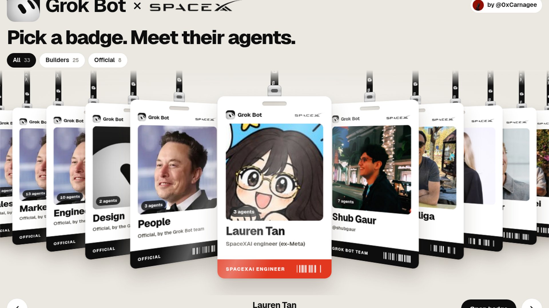 Grok Bot Badge Wall maps 113 agents