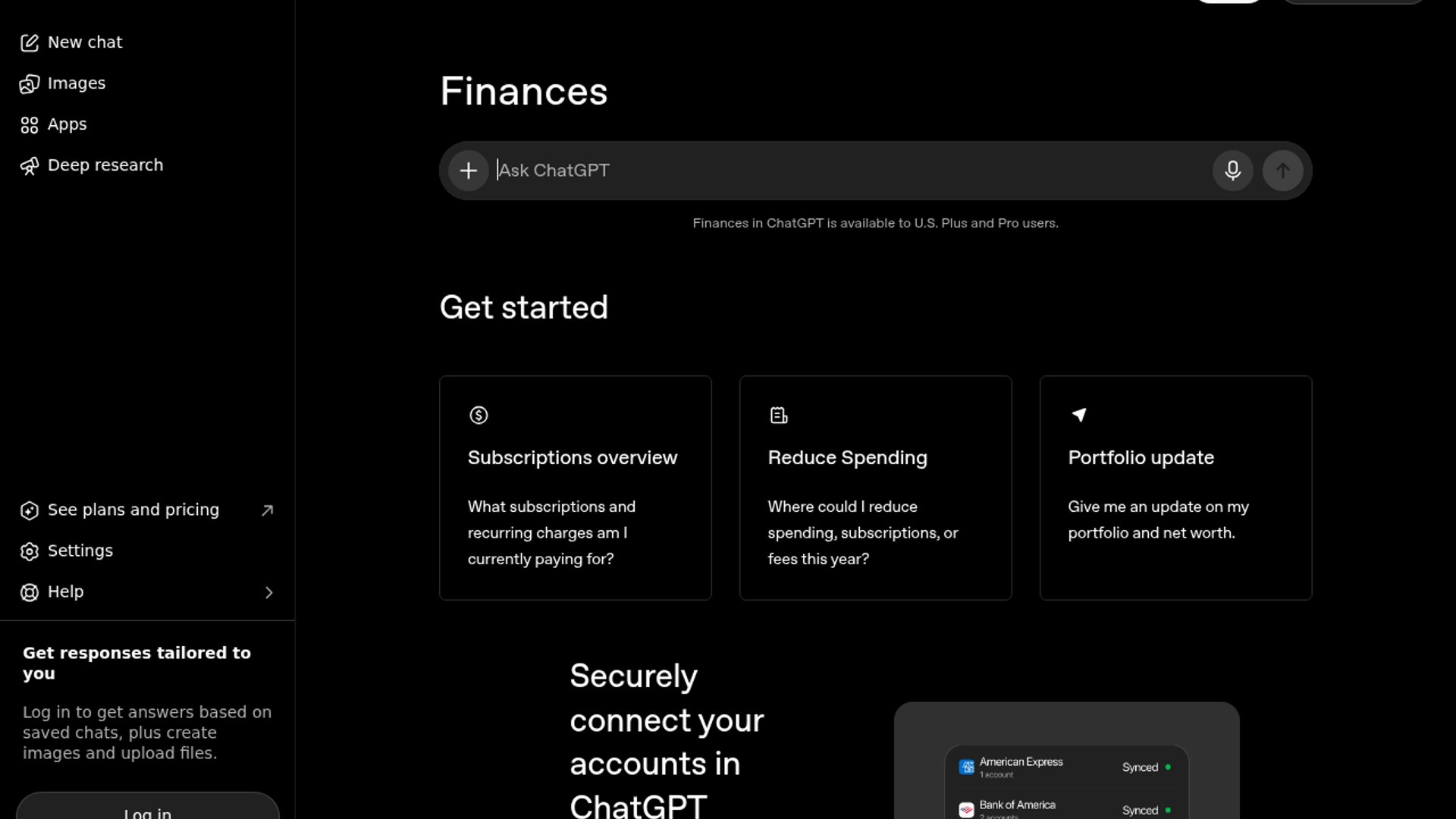 ChatGPT Finances tracks accounts and subscriptions