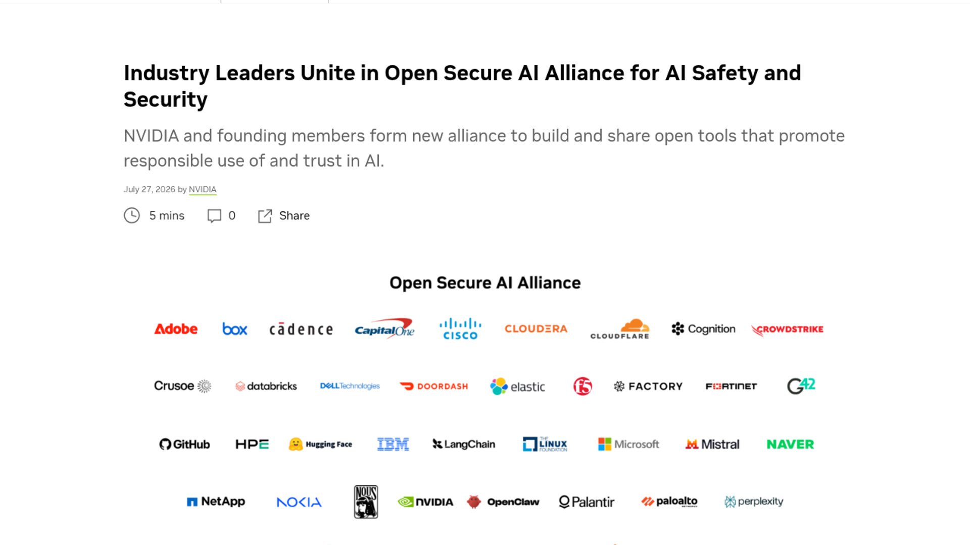 NVIDIA, 36 Partners Launch Open Secure AI Alliance