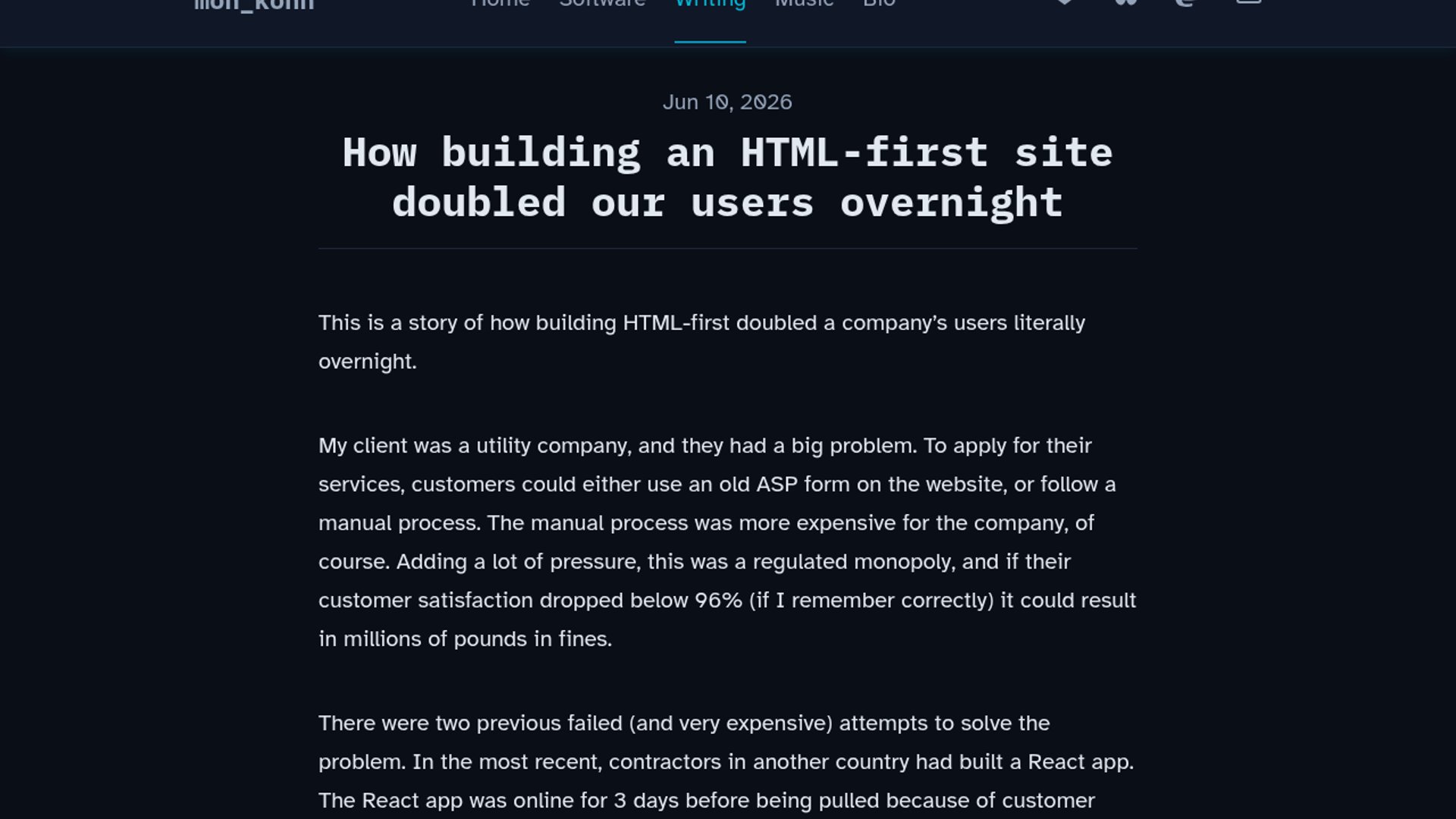 Building an HTML-first site doubled a utility company's user conversions overnight by replacing a failing client-side React app with a lightweight, progressively-enhanced Astro application.
