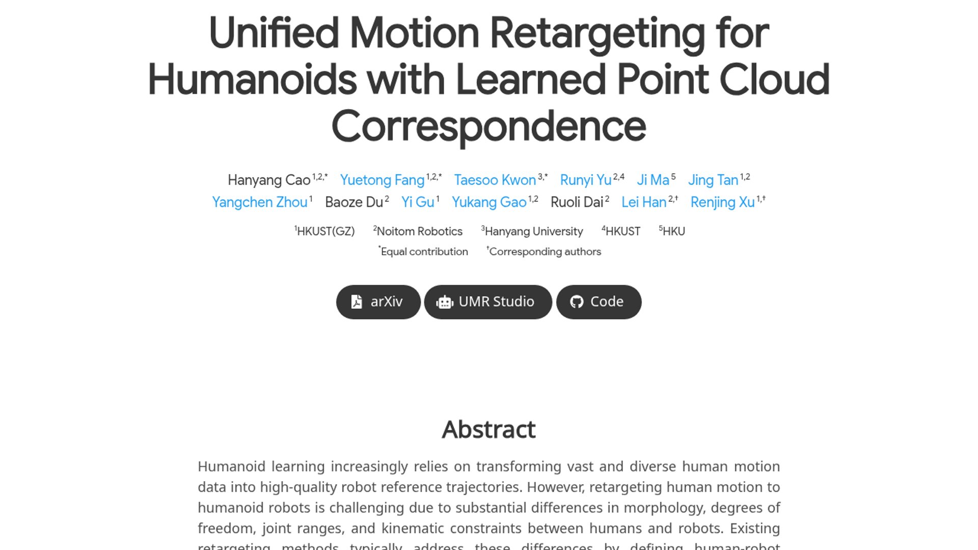 UMR unifies humanoid motion retargeting with point clouds