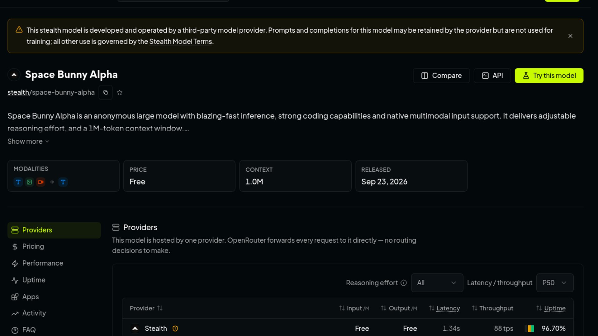 Space Bunny Alpha hits OpenRouter with 1M context