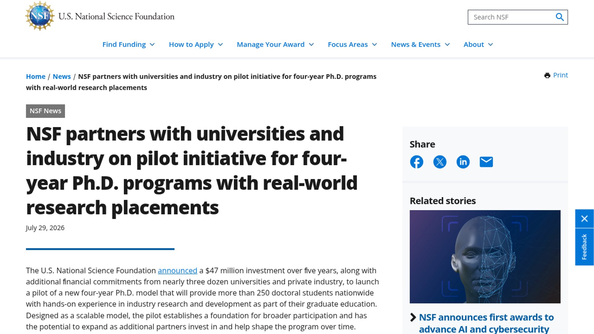 NSF launches $47M industry-integrated PhD pilot